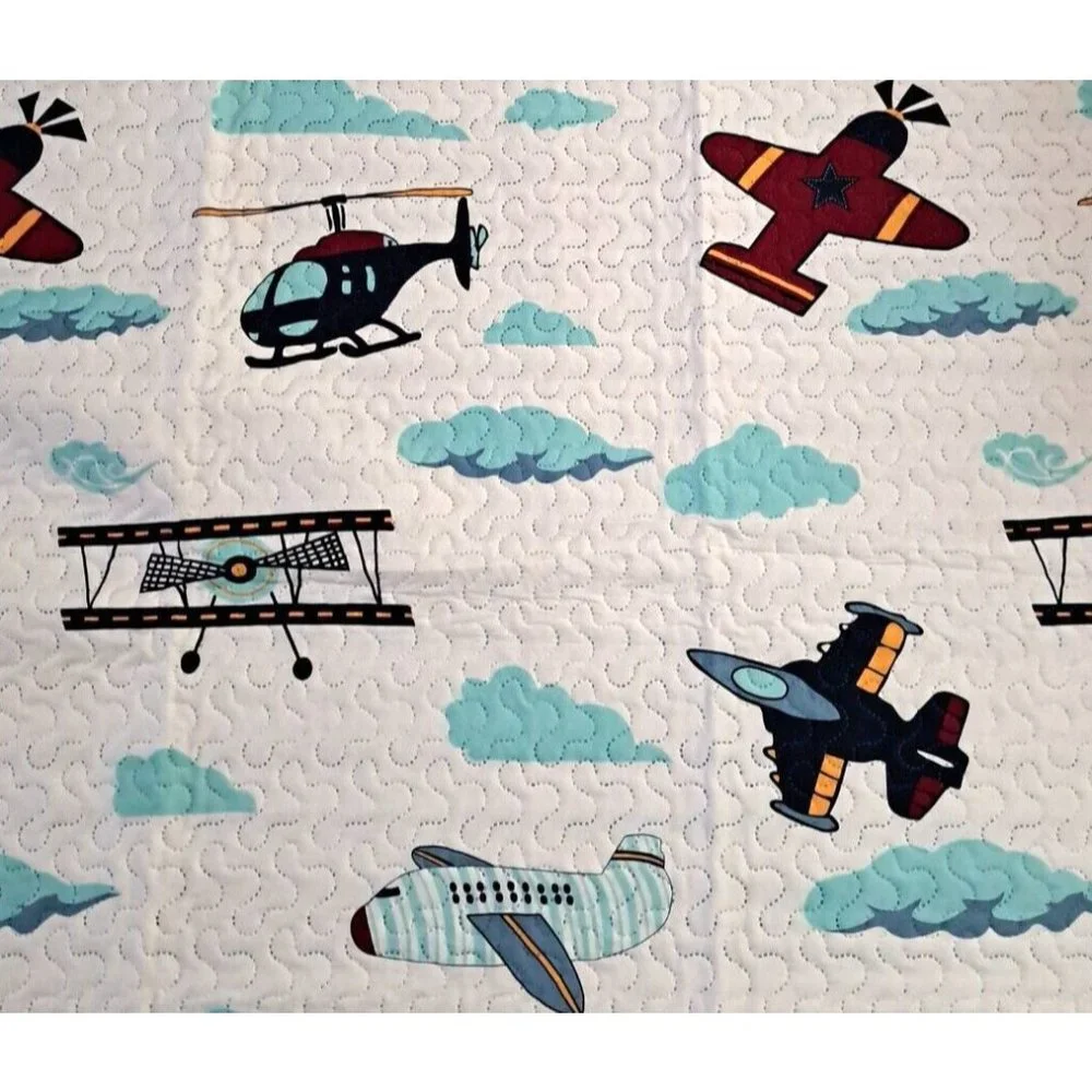 Airplane Twin Quilt Comforter Mantex Blue White Striped Red Boys Room Nursery